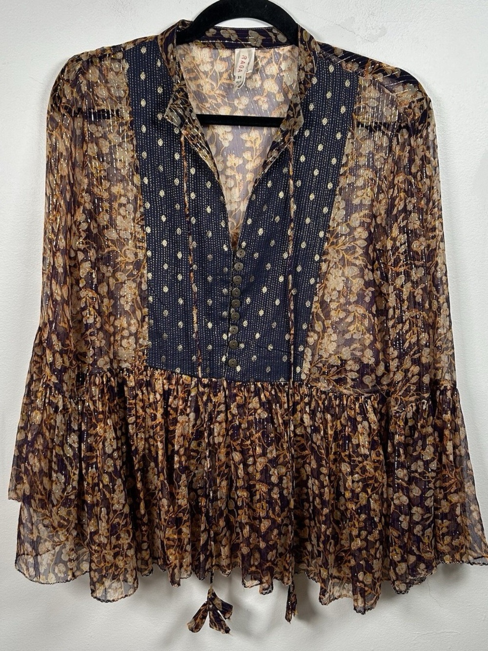 RAGA Brown Floral Sheer Peasant Tunic with Contrast Bib